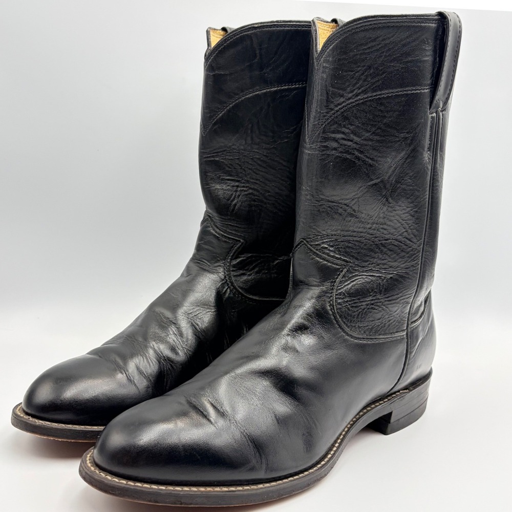 Justin 3133 Jackson Black Leather Western Roper Boots Mens Size 8 EE Pull on USA - Picture 10 of 15